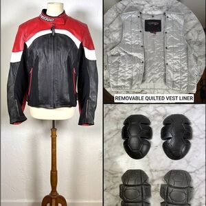 Women’Red & Black Teknic Leather Motorcycle Jacket with Removable Quilted Liner.